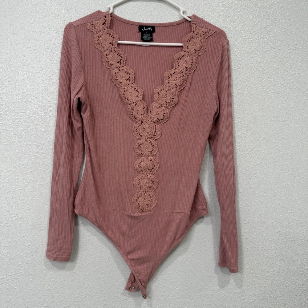 Justify Womens Mauve Pink Ribbed Long Sleeve Crochet Lace V-Neck Bodysuit Large